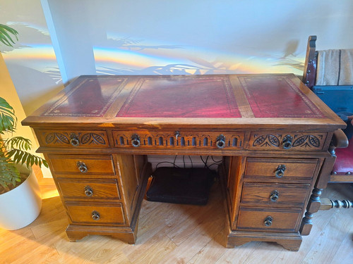 Wood pedestal desk red leather - wood,